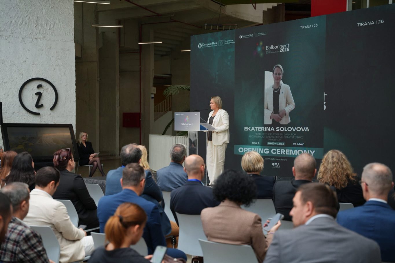Opening ceremony keynote on the LED stage produced by Overview DMC at Balkonnect Festival 2026, Tirana.