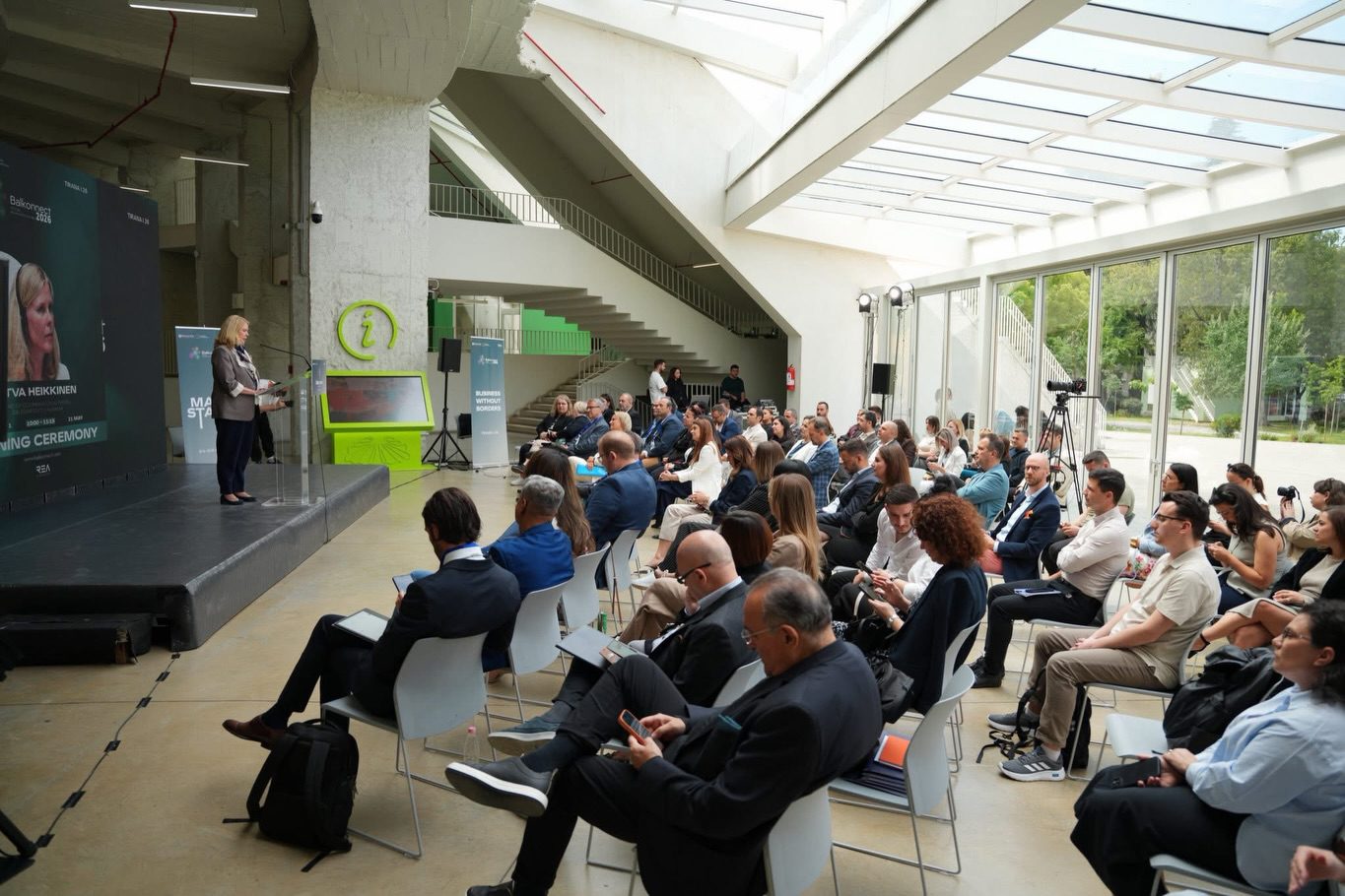 Main stage and seated audience at Balkonnect Festival 2026 — Business Without Borders — Pyramid of Tirana.