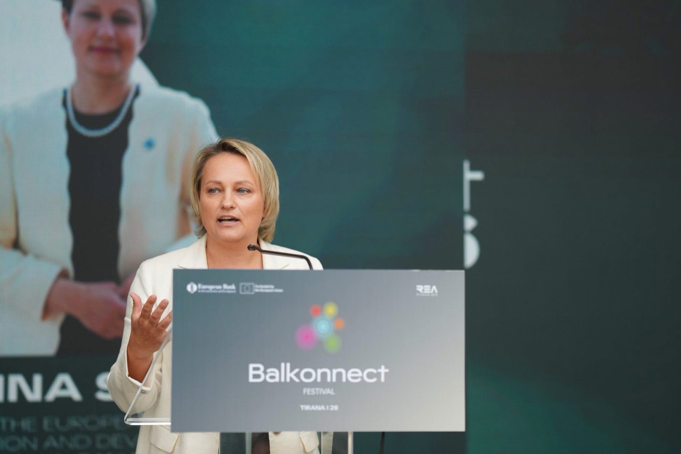 Keynote speaker at the main stage podium during Balkonnect Festival 2026 in Tirana.