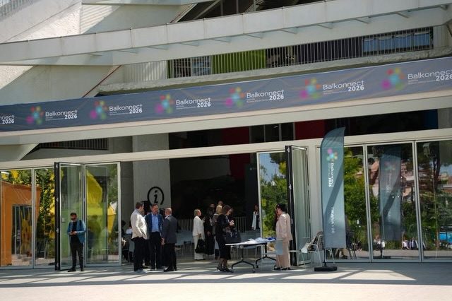 Balkonnect Festival 2026 venue branding and signage at the Pyramid of Tirana.