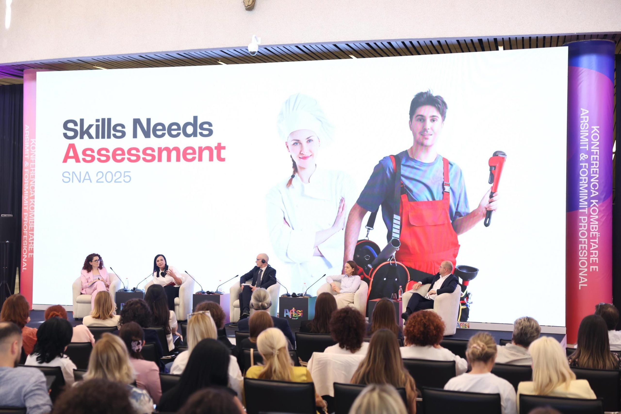 Skills Needs Assessment 2025 panel presented on a large LED screen at the National Vocational Education and Training Conference in Tirana