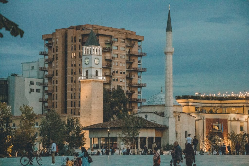Skanderbeg Square in central Tirana, Albania, with the clock tower and mosque