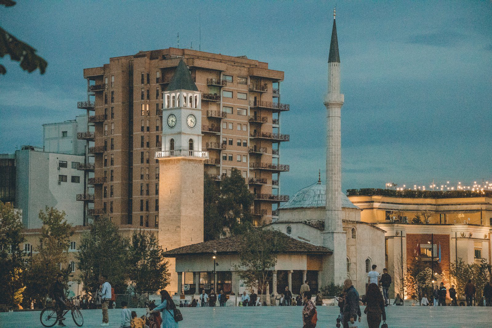 Skanderbeg Square in central Tirana, Albania, with the clock tower and mosque